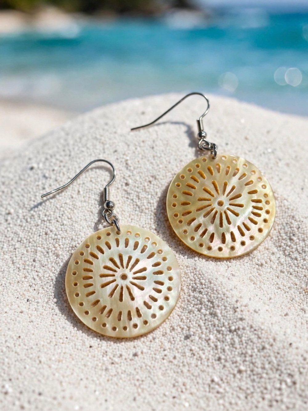 Sunburst Filigree / Mandala Openwork Mother of Pearl Shell Earrings.